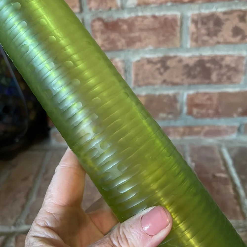 Art Glass Green Ribbed Tall Skinny Vase